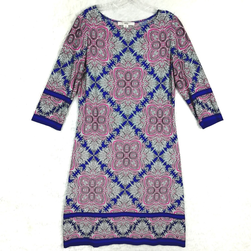 Wisp Womens Dress Anaisey Shift Blue‎ Pink Medallion Print 3/4 Sleeve Stretch 10